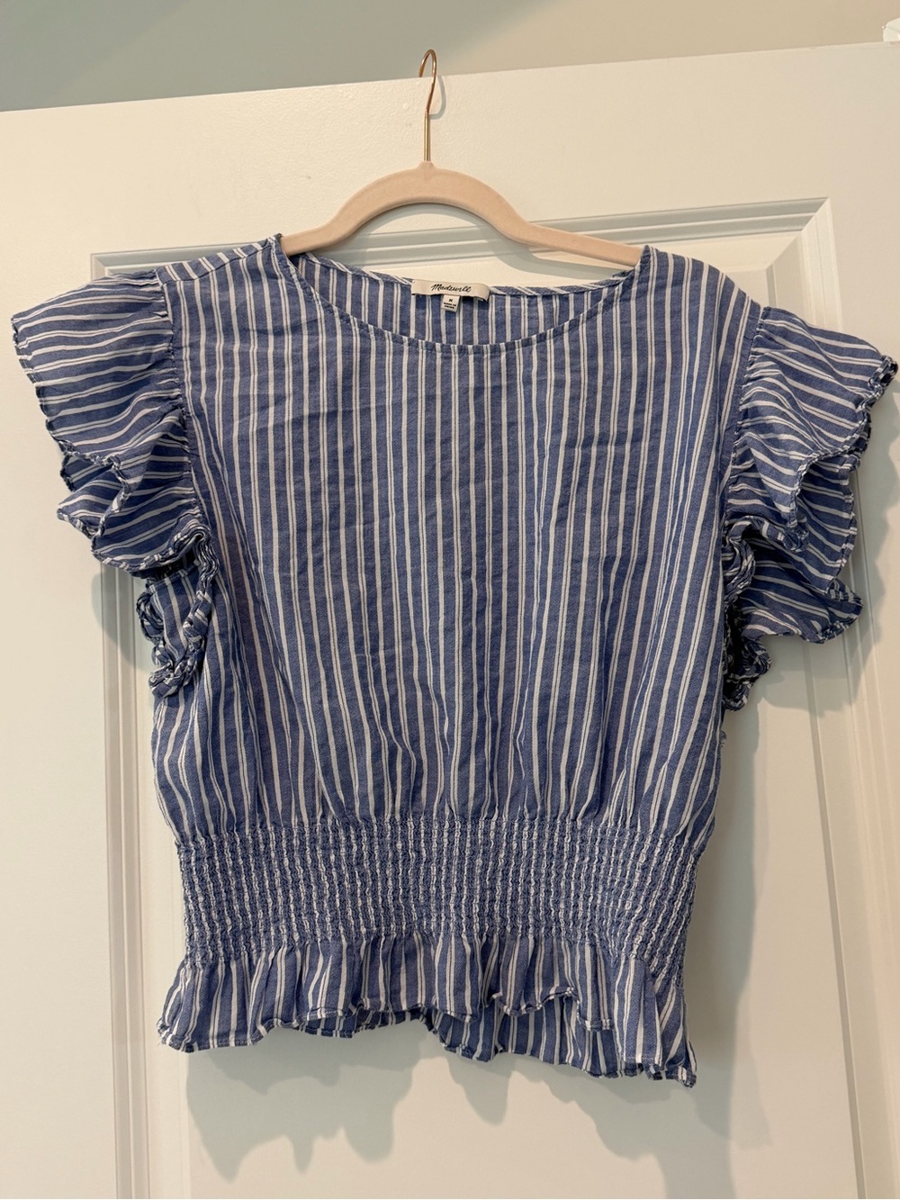 Madewell Blue & White Striped Ruffle Sleeve Smocked Top